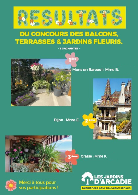 Résidence Seniors Jardins Arcadie - résultats concours Balcons Fleuris 2023